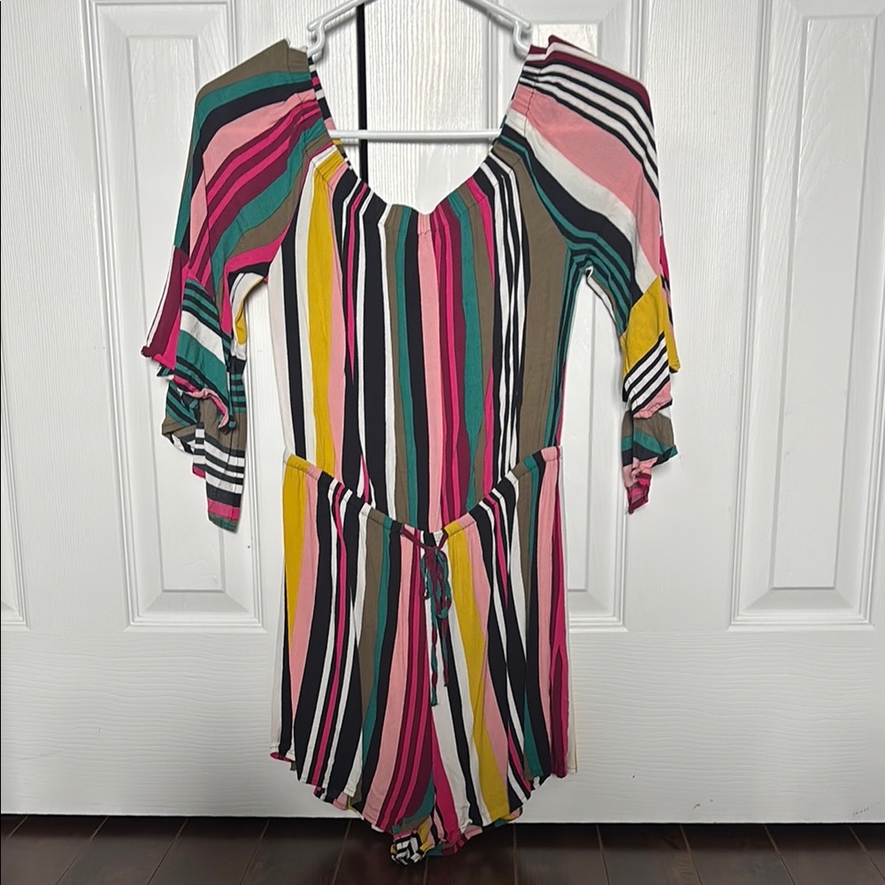 Multicolor Striped Women's Short Romper off the shoulder
